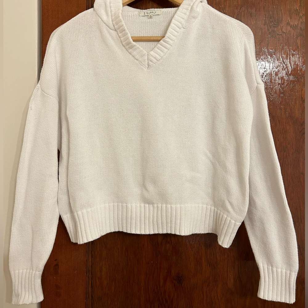 Z Supply White Hooded Long Sleeve Sweater